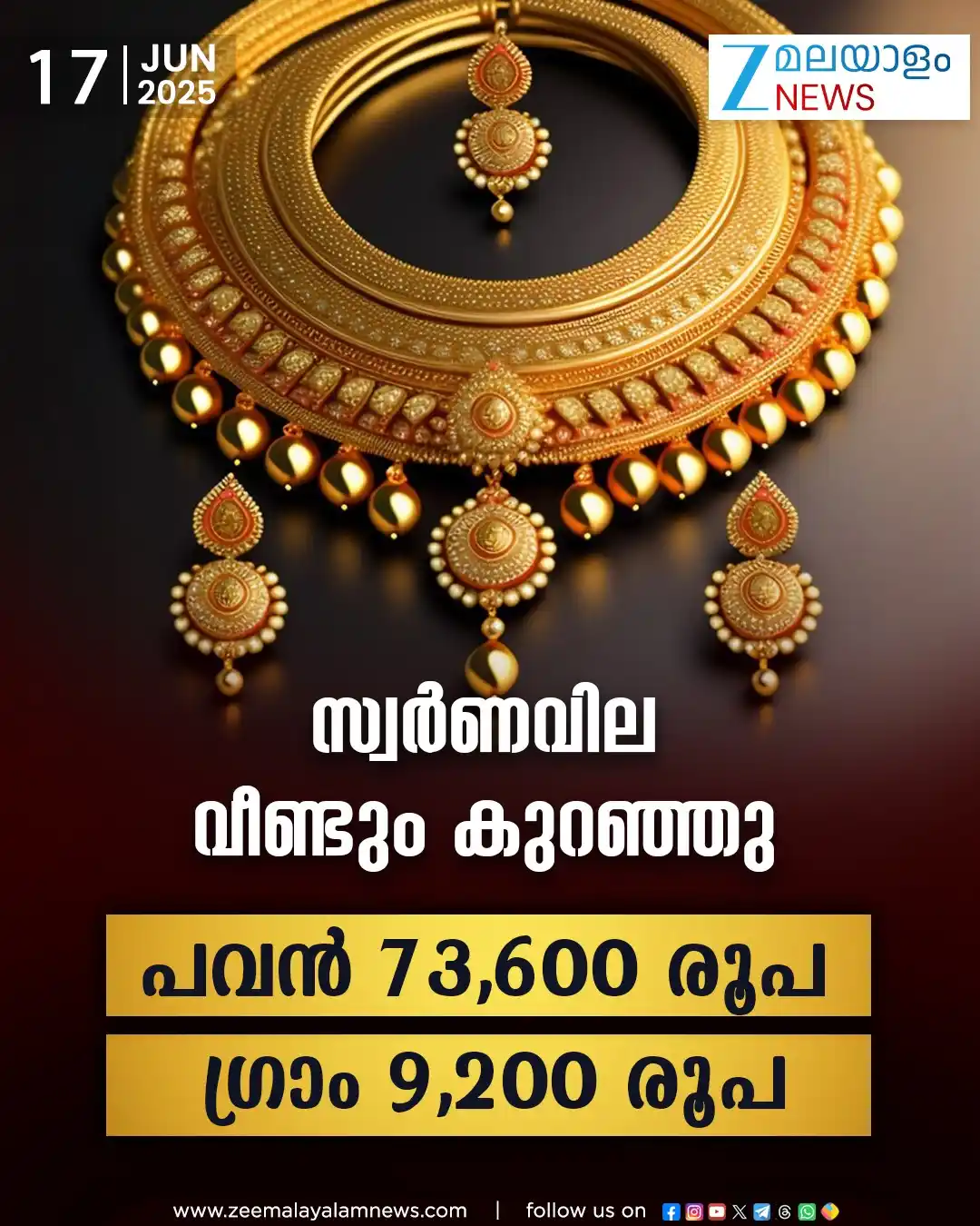 Image from ZEE Malayalam News: പവൻ 73,600 രൂപ ഗ്രാം 9,200 രൂപ | Todays Gold Rate 🧈 <a class="text-...