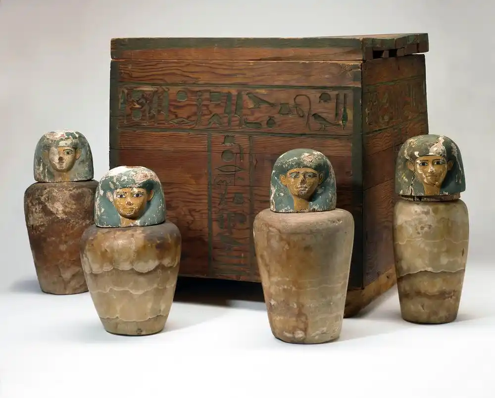 Image from Ancient Egyptian Civilization (AEC): The Wooden Canopic Chest of “Gua” with the Conopic jars. The Exterior ...