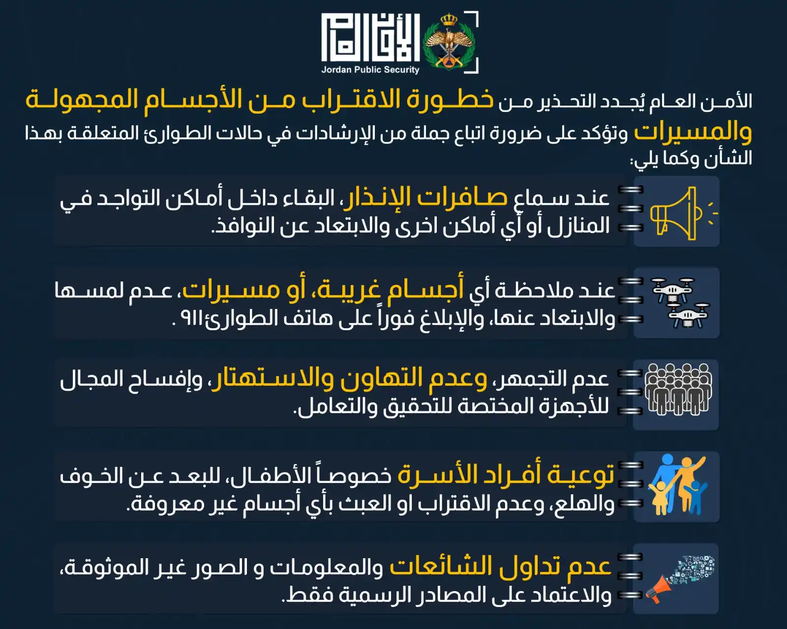 Image from مديرية الأمن العام | Jordan Police: الأمن العام يحذّر من خطورة الاقتراب من الأجسام والمسيّرات، تحت طائلة ا...