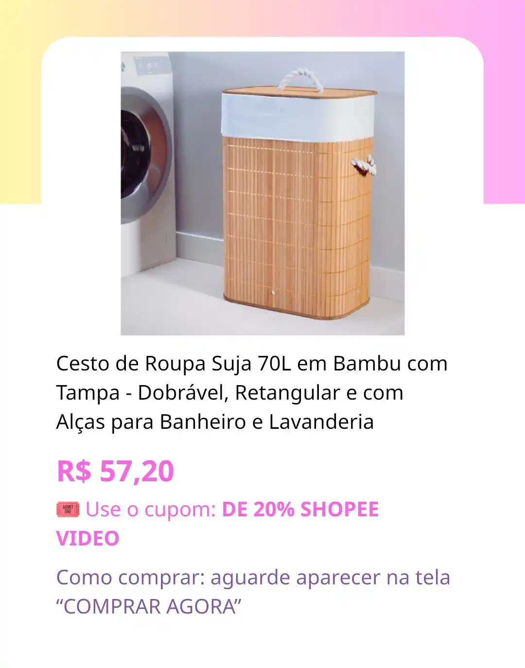 Image from Esquadrão PROMOSDAHEIDY CUPONS: 💕 *Cesto de Roupa Suja 70L em Bambu com Tampa - Dobrável, Retangular ...