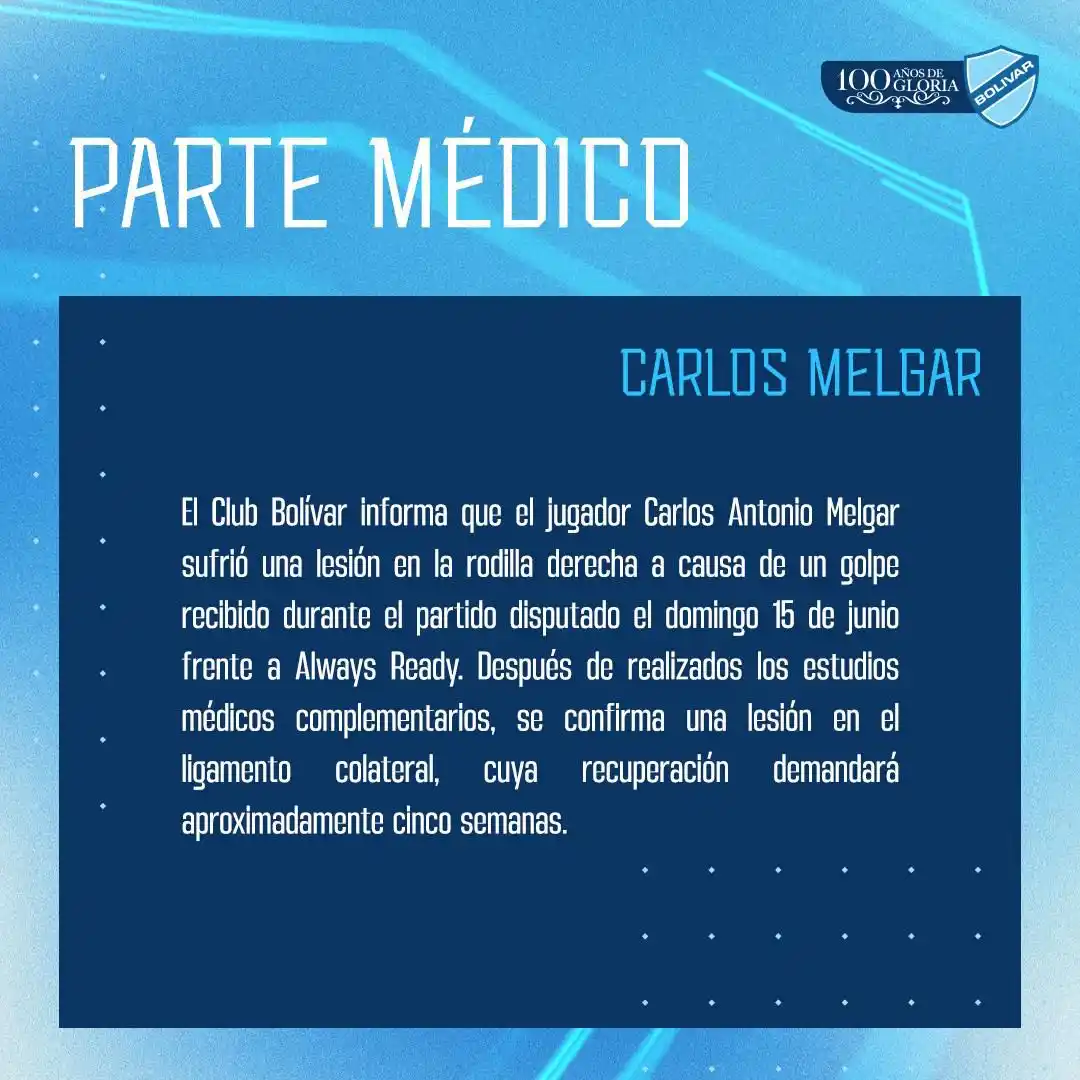 Image from Club Bolívar: 🚨Parte médico: Tonino Melgar 🚨...