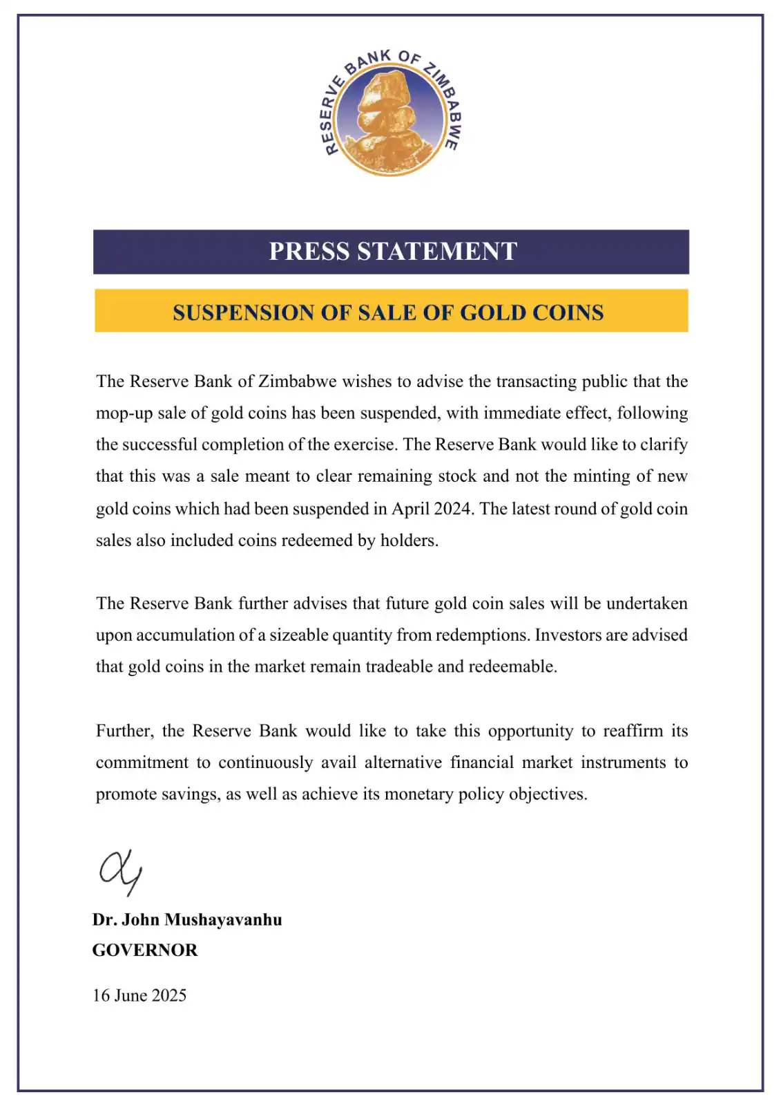 Image from Zimpricecheck.com: The RBZ has announced the suspension of the sale of gold coins. The mi...