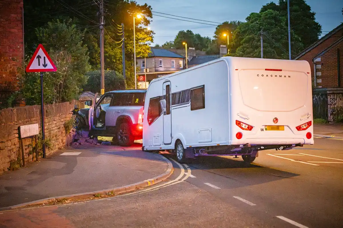 Image from Wiltshire 999s: Car towing caravan crashes into garden wall in Chippenham  https://www...