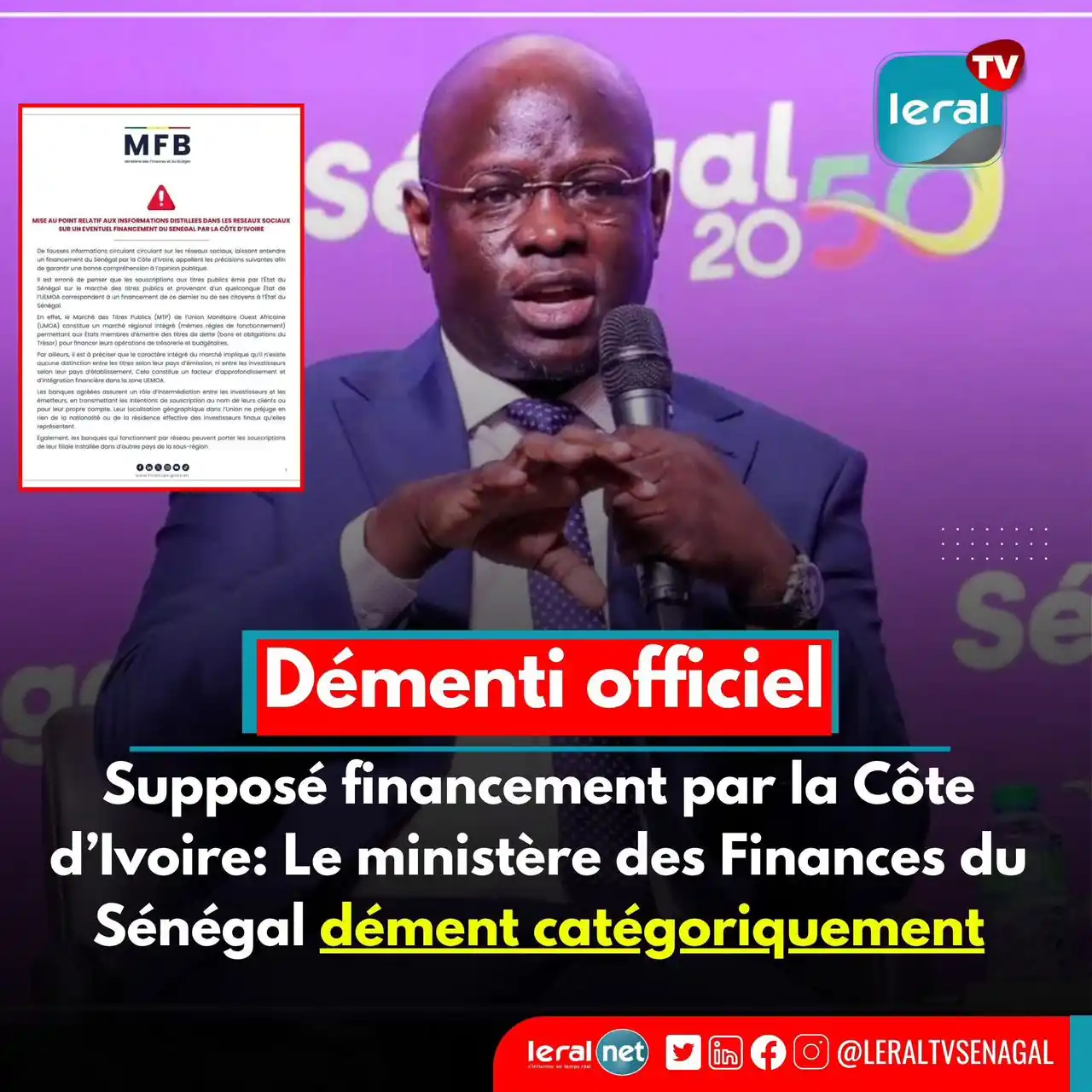 Image from Leral.Net : 📢 Démenti officiel | Non, le Sénégal 🇸🇳 n’a pas reçu un prêt direct...