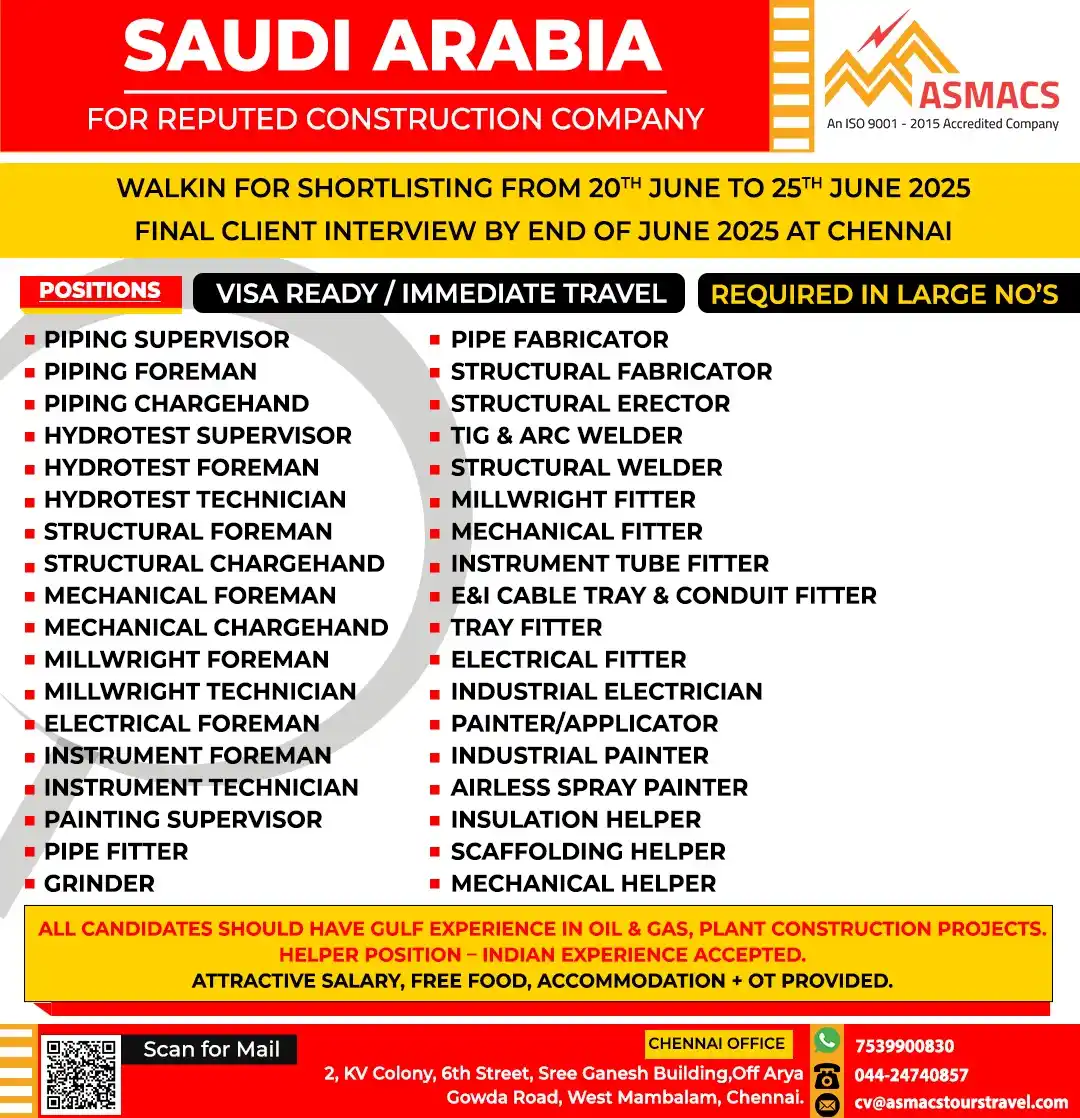 Image from Asmacs Jobs: 🌟Exciting SAUDI ARABIA Opportunities! 🌟   ⚡ Shortlisting in Progress...