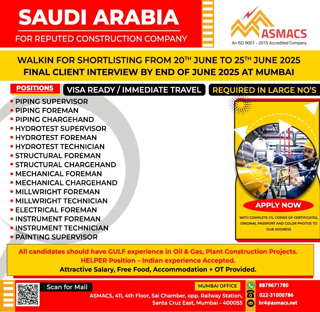 Image from Asmacs Jobs: 🌟Exciting SAUDI ARABIA Opportunities! 🌟 ⚡ Shortlisting in Progress...
