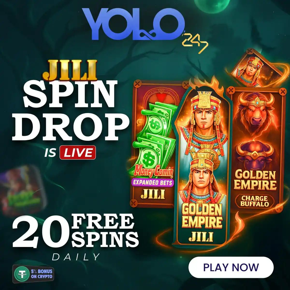 Image from YOLO247: 🎰 *FREE SPINS ALERT!* 🔥 JILI Spin Bonus Event is LIVE — and it's ra...