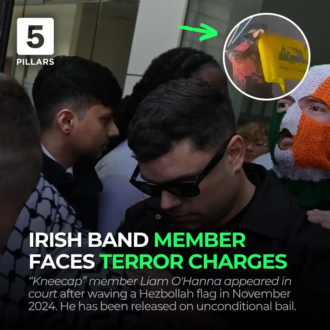 Image from 5Pillars News: 🇮🇪 Irish band member released on bail over Hezbollah flag terror cha...