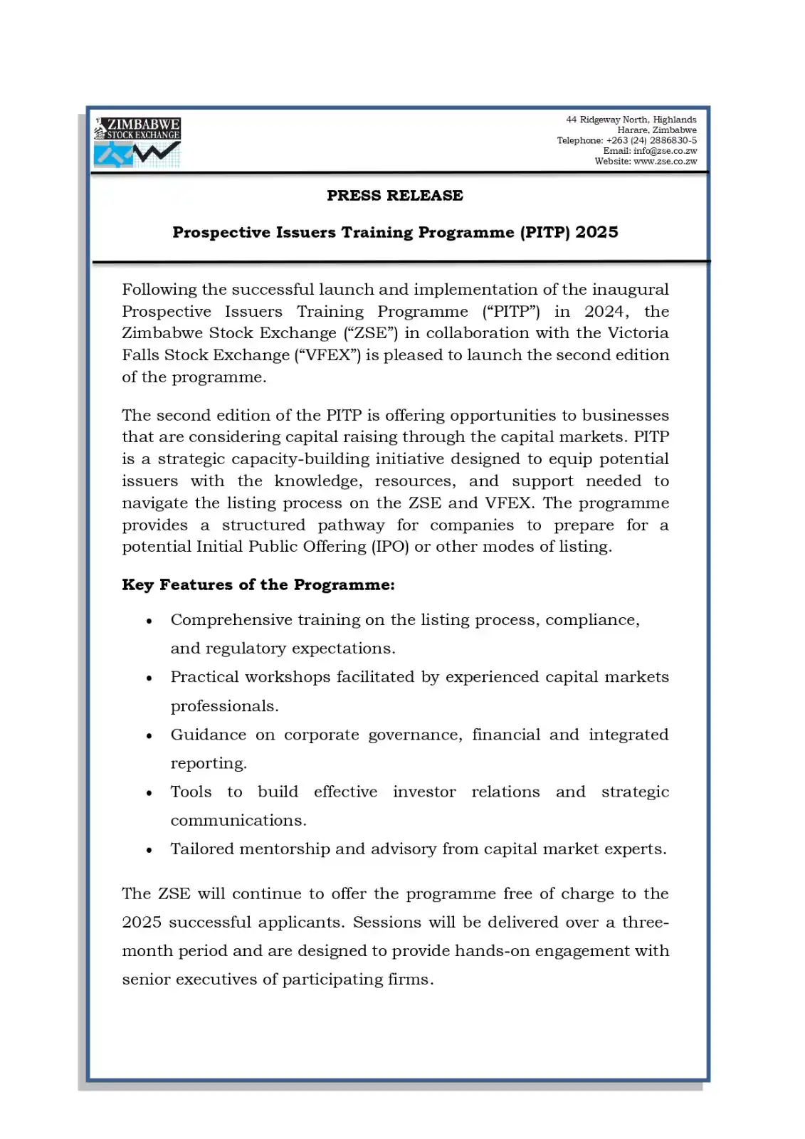 Image from Zimbabwe Stock Exchange(ZSE): Press Release: Prospective Issuers Training Programme (PITP) 2025...