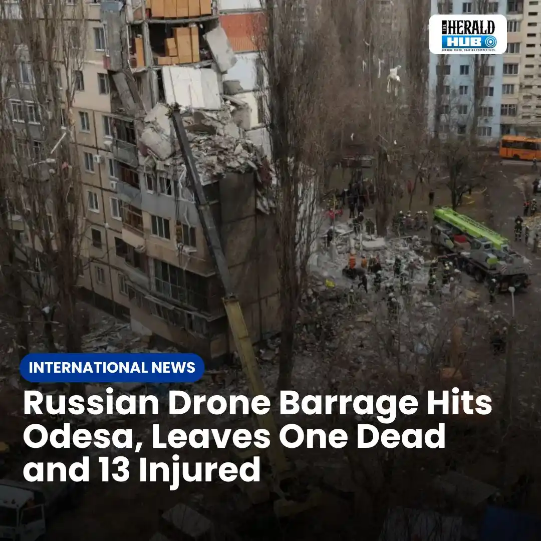 Image from The Herald Hub: *Russian Drone Barrage Hits Odesa, Leaves One Dead and 13 Injured*  A ...