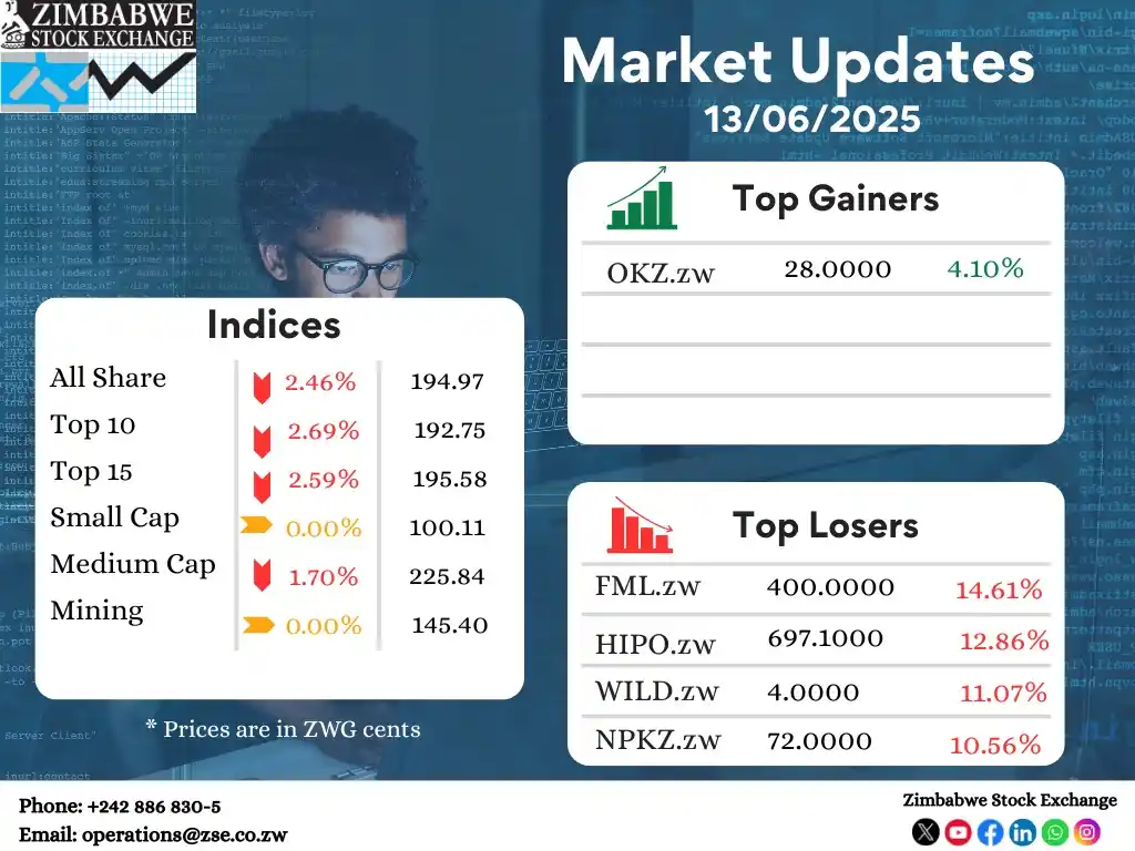 Image from Zimbabwe Stock Exchange(ZSE): ZSE Equity Market Indices, top gainers and losers as at 13 June 2025. ...