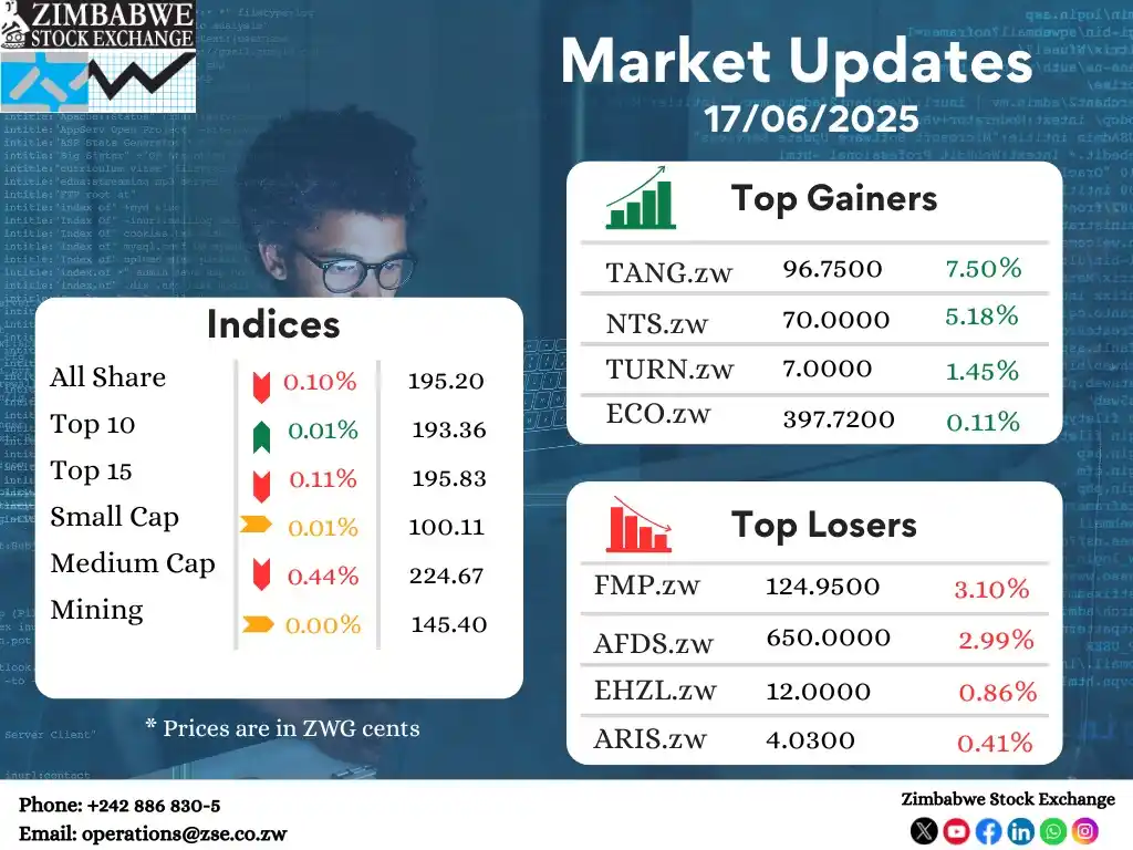 Image from Zimbabwe Stock Exchange(ZSE): ZSE Equity Market Indices, top gainers and losers as at 17 June 2025. ...
