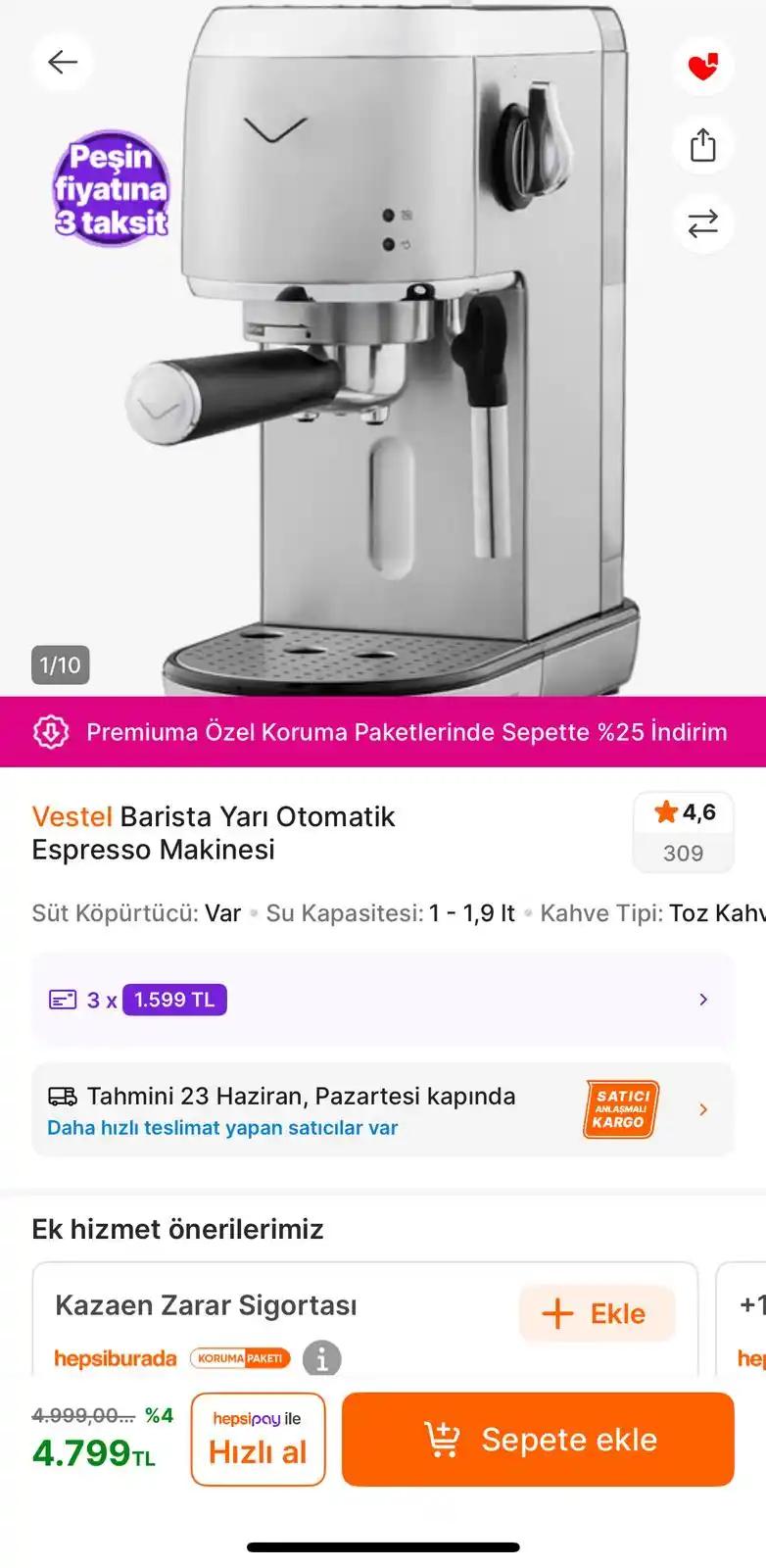 Image from ANLIK İNDİRİMLER: 4799 TL 🔥🔥 Dip fiyat   Vestel Barista Yarı Otomatik Espresso Makines...