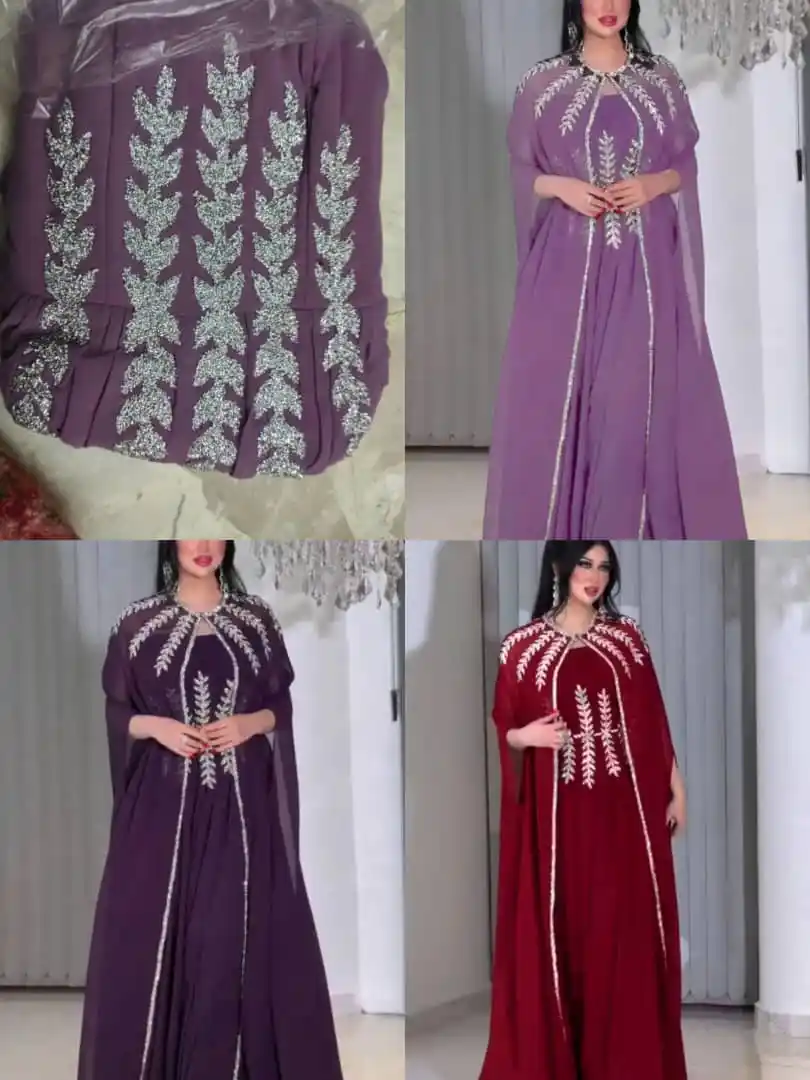 Image from ESO Fashion ♥️👗: قفطان فستان شيفون قطعتين لزق سنابل رزين فضه اجنبي / احمر/ موف/ ٣٨/ ٤...