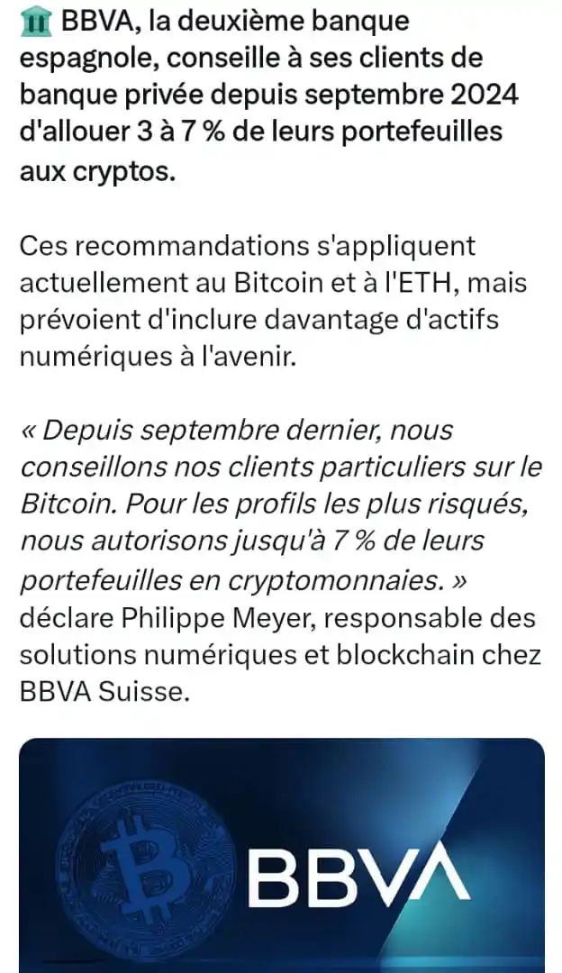 Image from CRYPTOMONNAIES ET INVESTISSEMENTS ©: 🏛️ BBVA, la deuxième banque espagnole, conseille à ses clients de ban...
