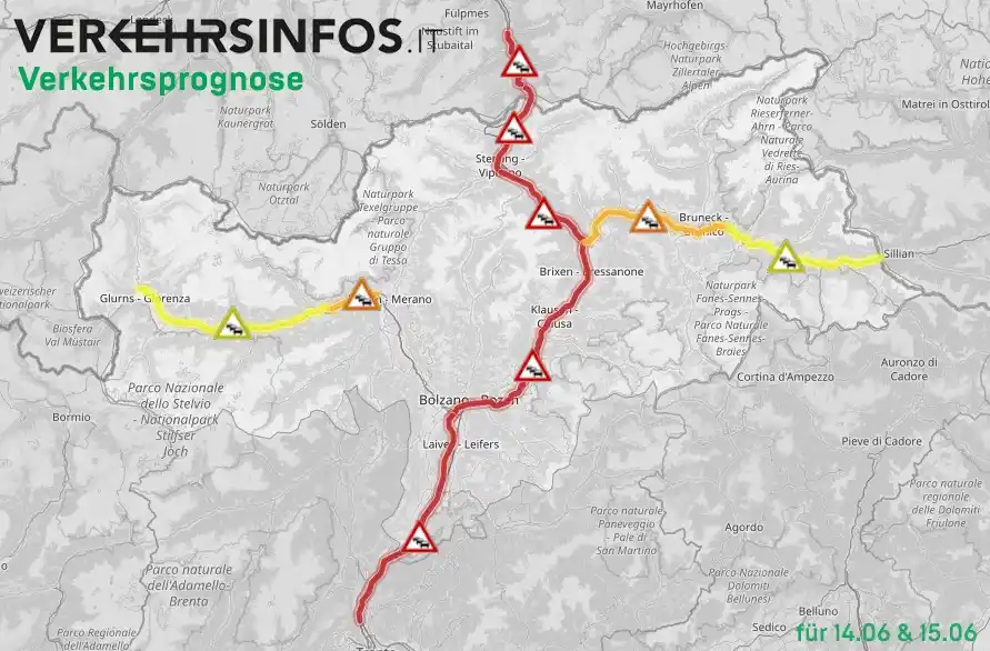 Image from Verkehrsinfos IT: +++ Verkehrsprognose 14. und 15. Juni 2025 +++  Aktuell haben wir Halb...