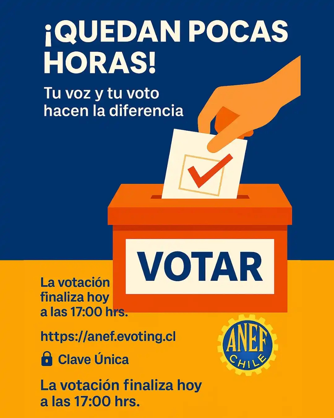 Image from ANEF CHILE: 🕛 *¡ATENCIÓN!* ⏳ ¡Quedan pocas horas para votar en las elecciones ANE...