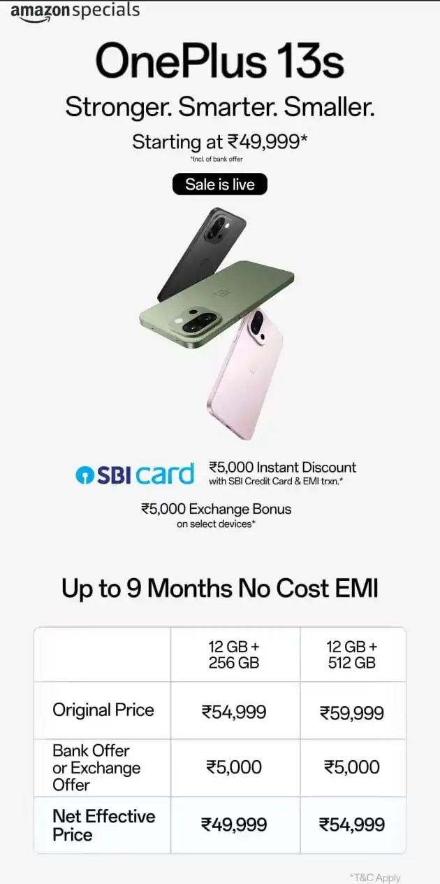 Image from PrathapGTech : OnePlus 13s sale has started on Amazon. Price starting at ₹49,999/-(in...