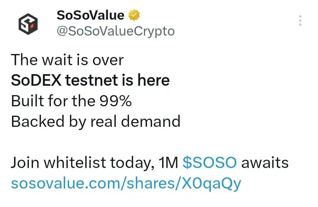 Image from 𝐌𝐀 𝐖𝐄𝐁𝟑.𝟎 🌎: *SosoValue* SoDEX Testnet   Rewards > 1M $SOSO For Selected User  ▶️Su...