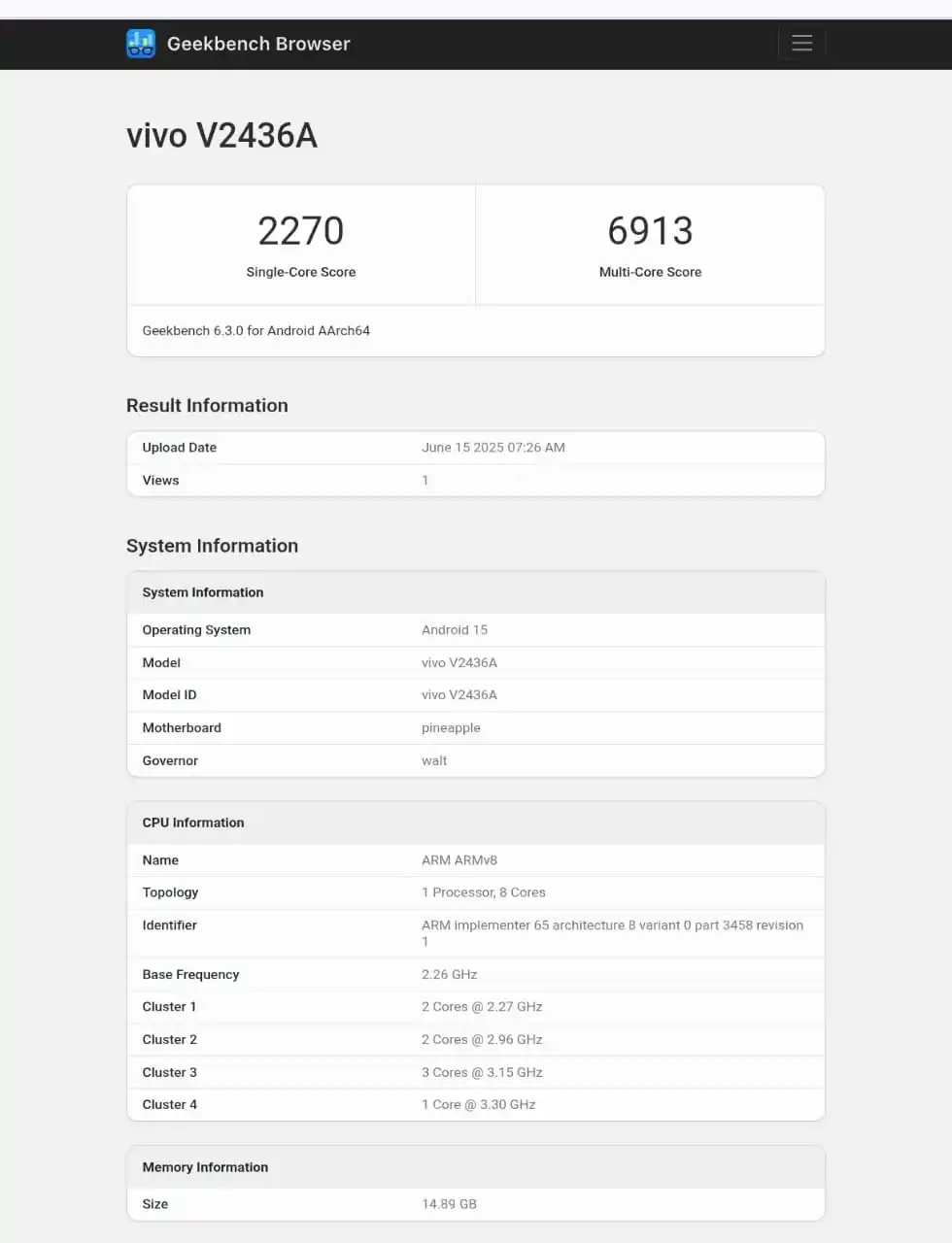 Image from PrathapGTech : The Vivo X Fold 5 (model V2436A) has been confirmed via Geekbench to l...