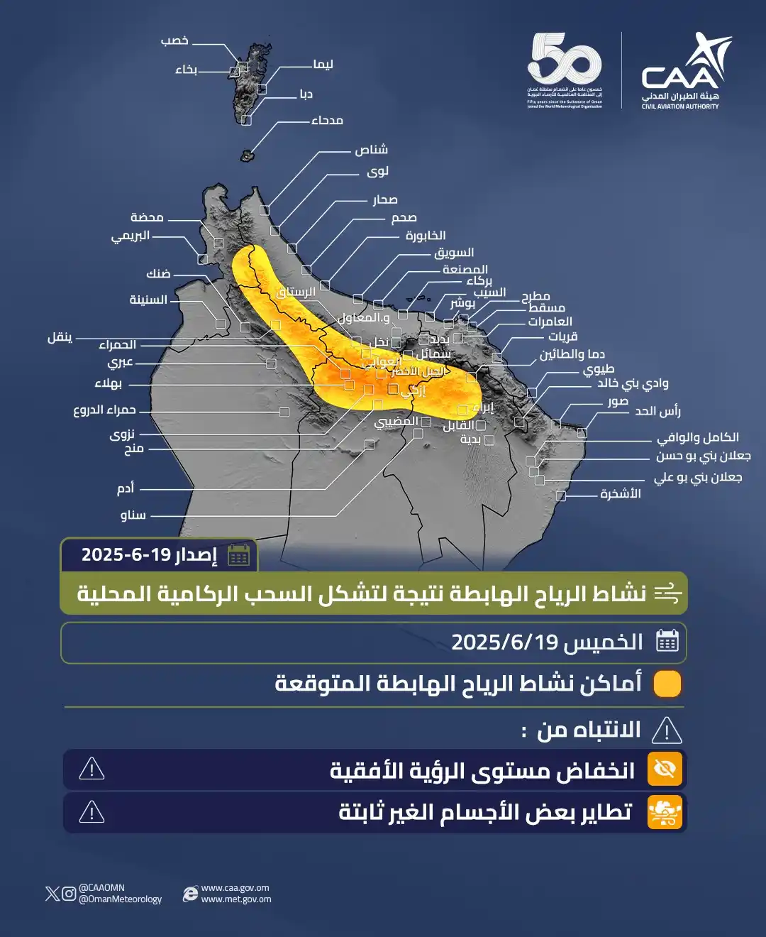 Image from الأرصاد العمانية: ⚠️تنبيه.. أماكن الرياح الهابطة المحتملة أثناء نشاط السحب الركامية والت...