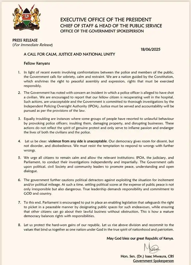 Image from SGA SECURITY UPDATES: *Government Statement – Call for Calm, Justice, and National Unity Ami...