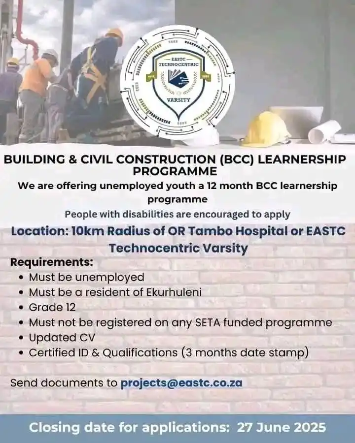 Image from FindSAjobs & Learnerships: Learnership Programme (BCC)  Email: projects@eastc.co.za Closing date:...