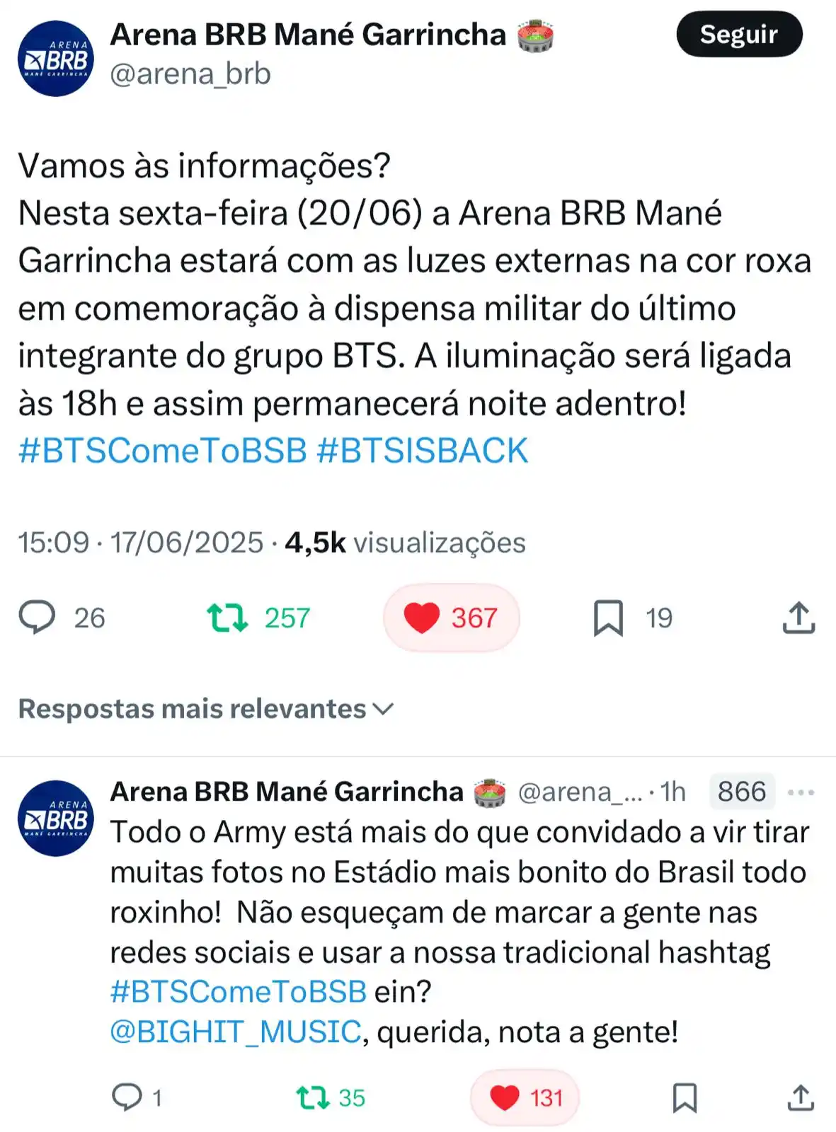 Image from ★彡[ᴊᴏʀɴᴀʟ ʙᴀɴɢᴛᴀɴ ʙʀ - ʙᴛꜱ]彡★: *💜 | O ESTÁDIO MANÉ GARRINCHA FICARÁ ROXO EM COMEMORAÇÃO À ÚLTIMA DIS...