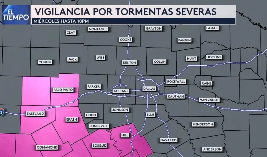 Image from Univision 23 DFW: *Vigilancia por tormentas severas:* vigente hasta las 10 de la noche d...