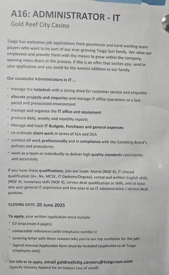 Image from FindSAjobs & Learnerships: We need a Workshop Administrative Clerk. Location: Wolwehoek, Sasolbu...