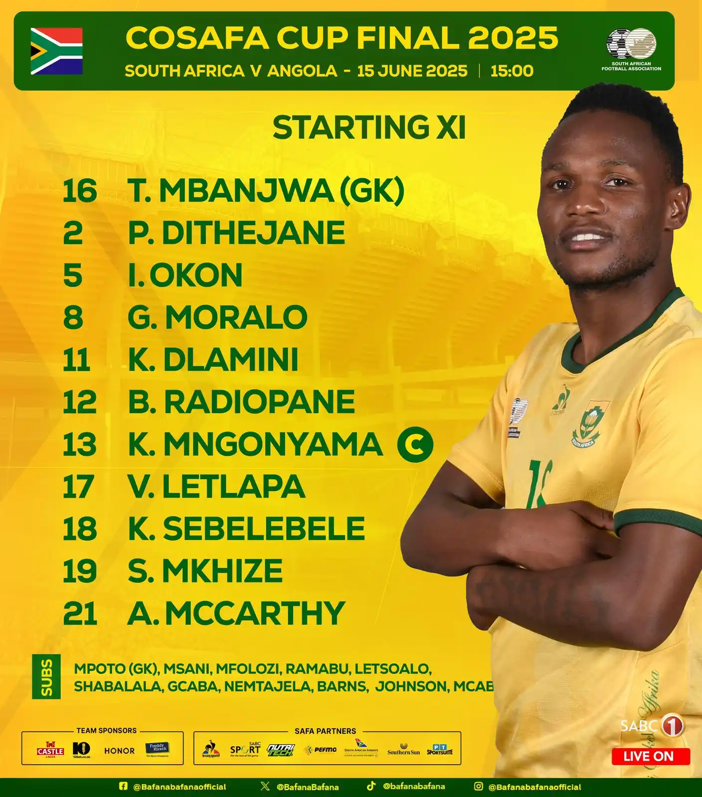 Image from sportswire.co.za: @BafanaBafana XI against @Angolans: Mbanjwa; Dithejane, Okon, Moralo,...
