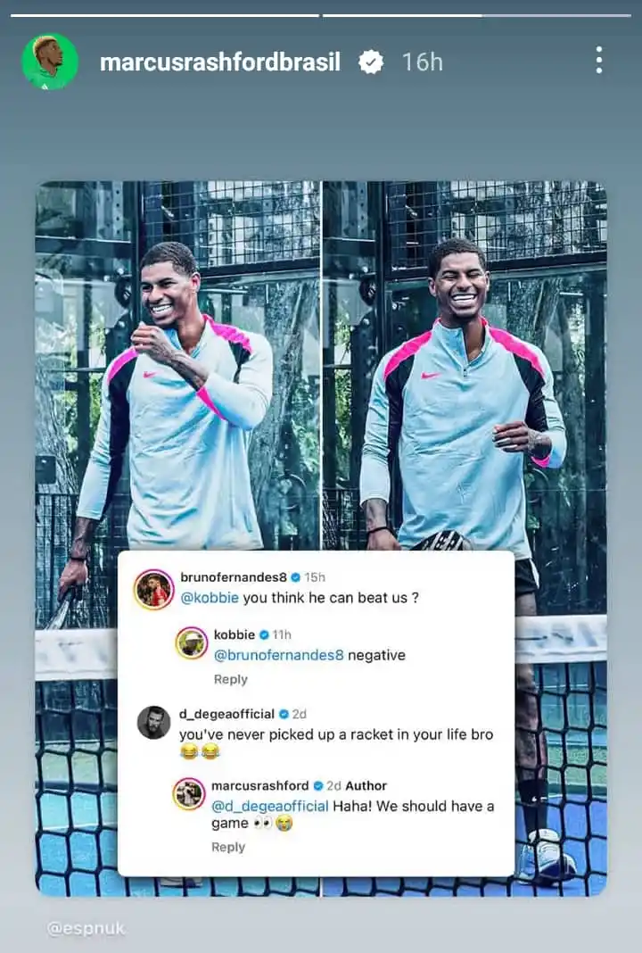 Image from Total Football: Bruno Fernandes, Mainoo and De gea on Rashford's post...