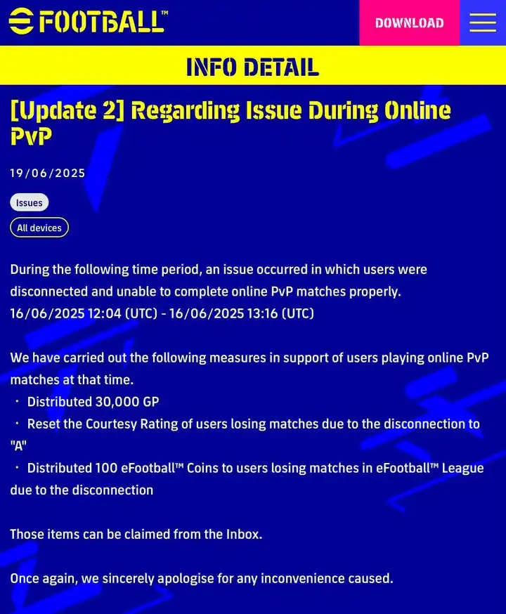 Image from eFootball: [COMPENSATION] Regarding Issue During Online PvP 🎮📶  ➡️ 100 eFootbal...