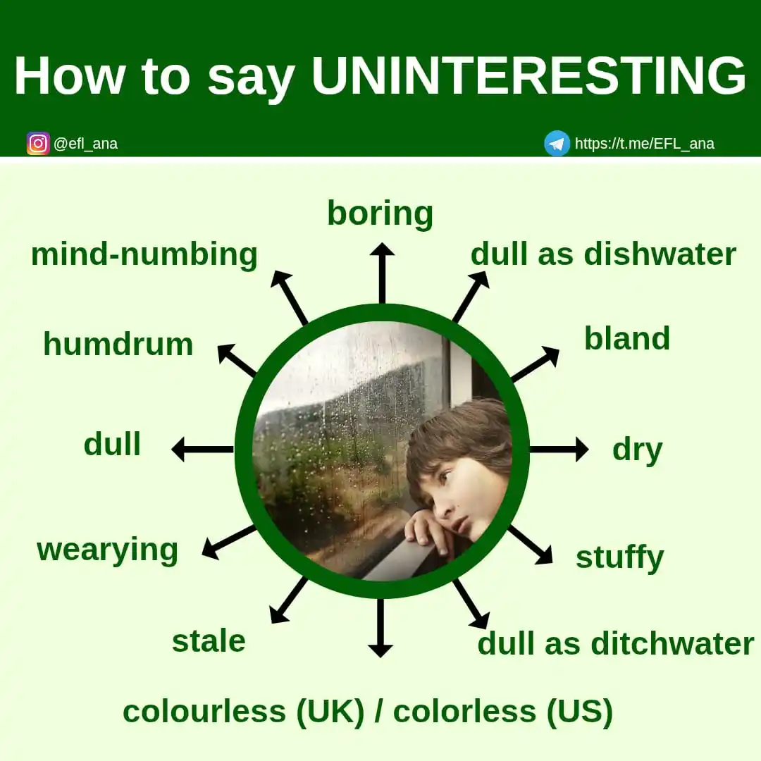 Image from EFL_ana English: 🔹Learn ways of saying UNINTERESTING in English. 🌿🔵🌿🔵🌿🔵🌿🔵🔹🔵�...