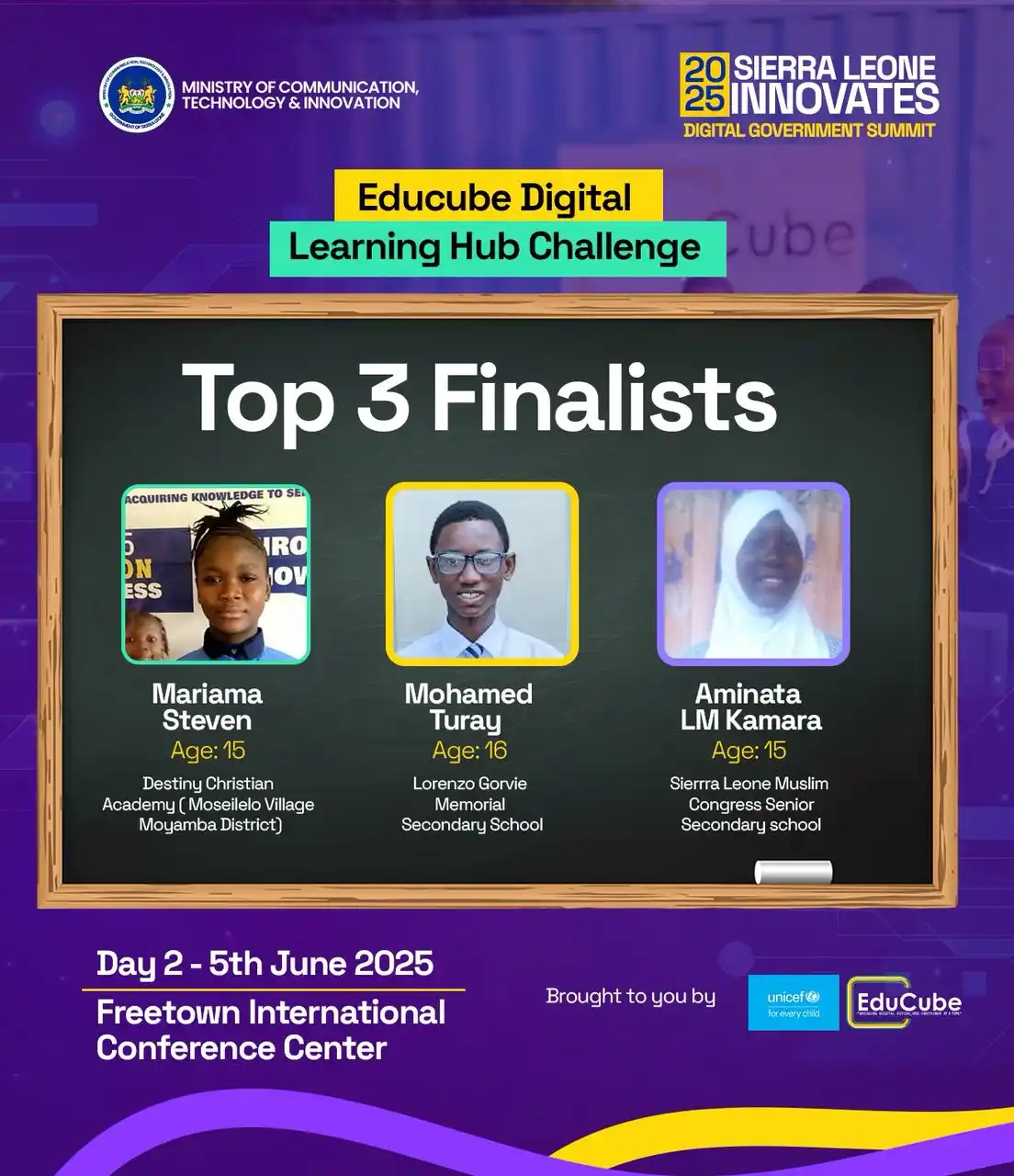 Image from Ministry of Communication, Tech & Innovation: Three students, each representing their schools, have made it to the f...