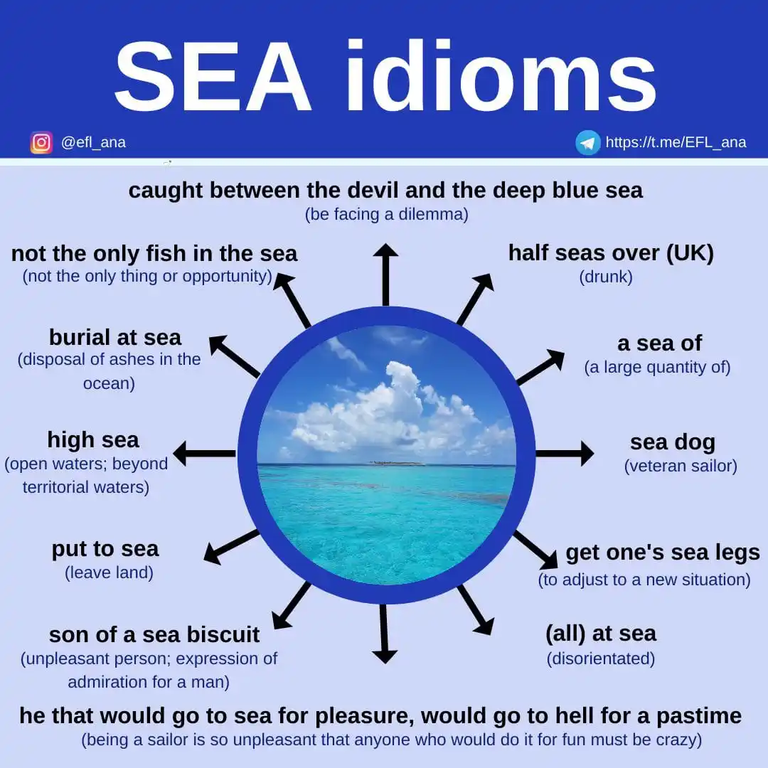 Image from EFL_ana English: ๐นToday's English idioms are about the sea. ๐ง๐๐ง๐๐ง๐๐ง๐๐ง๐๐ง๐๐ง...