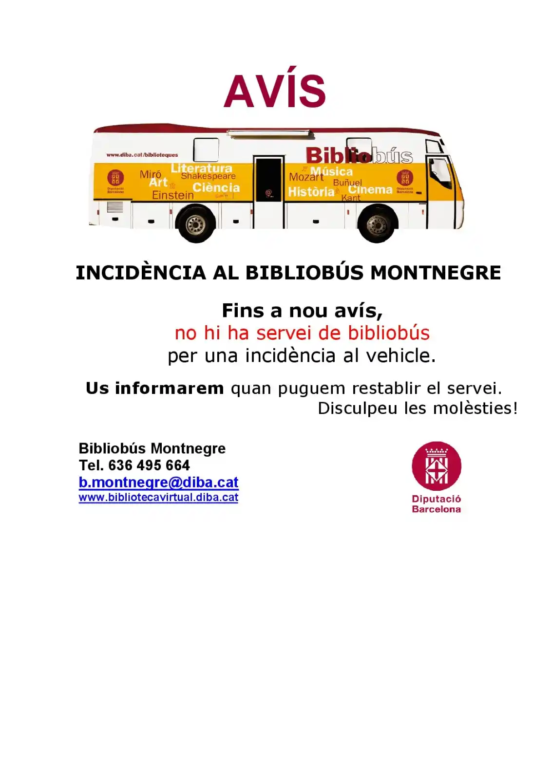 Image from Ajuntament de Vallgorguina: 📢 AVÍS – INCIDÈNCIA AL BIBLIOBÚS 🚐 Avui, dimarts 17 de juny, i fins ...