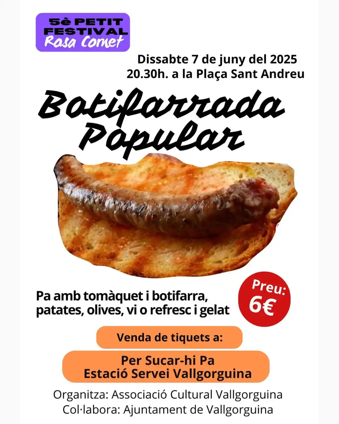Image from Ajuntament de Vallgorguina: 🌭 Botifarrada Popular – 5è Petit Festival Rosa Cornet 📅 Dissabte 7 d...
