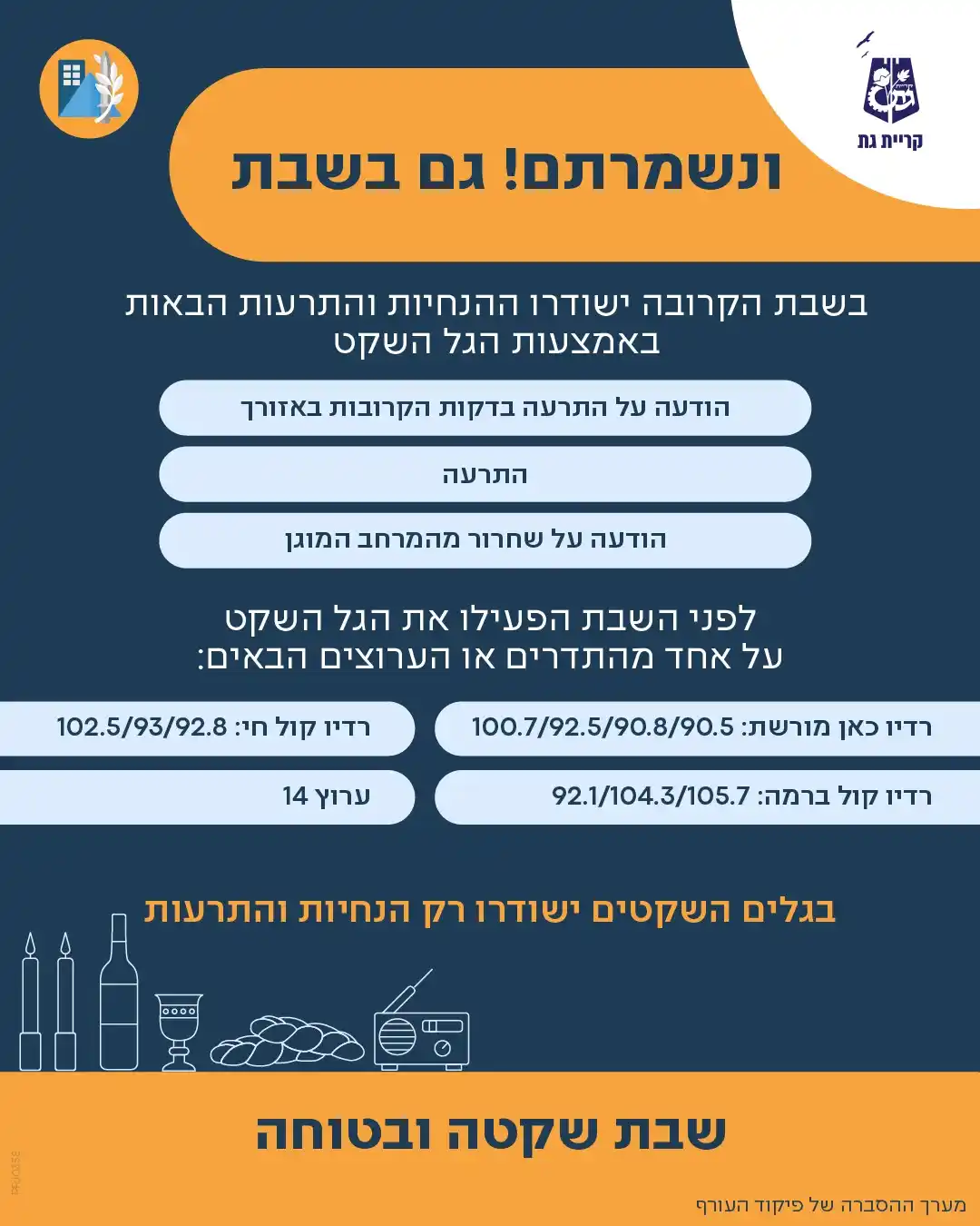 Image from עיריית קריית גת: 📢 בשבת הקרובה, גם שומרי השבת יוכלו לקבל את ההנחיה המקדימה וגם את הודע...
