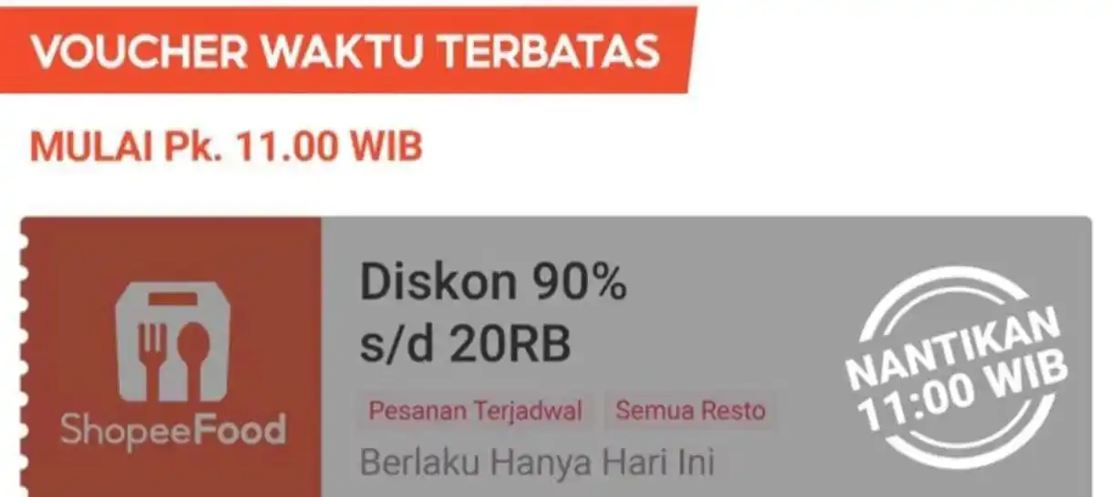 Image from PROMO SHOPEE 🔥: Diskon 90% max 20k Shopeefood pesanan terjadwal🔥 PK 11:00  Refresh ta...