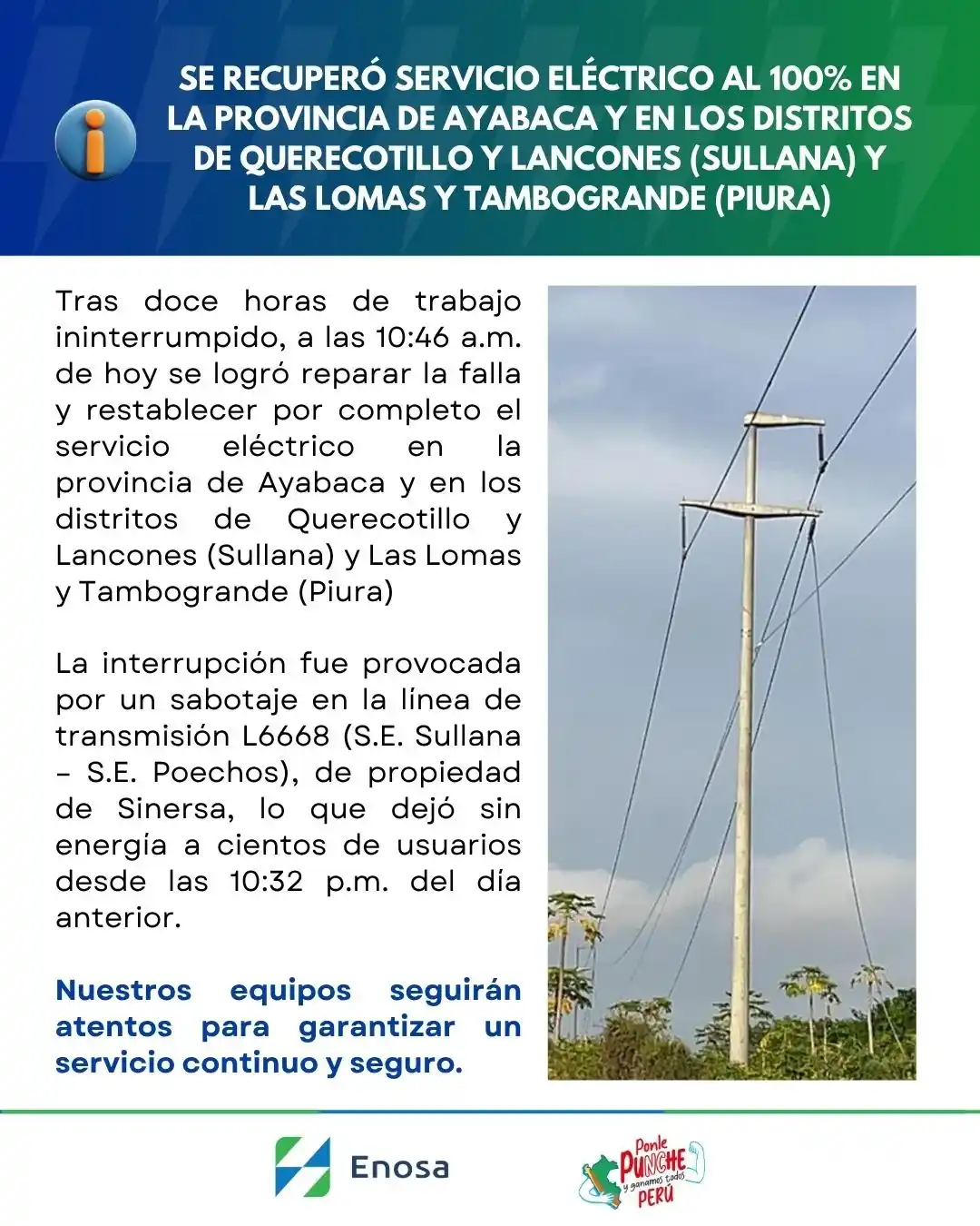 Image from ENOSA: ✅Hoy a las 10:46 a.m. se recuperó servicio eléctrico al 100% en la pro...