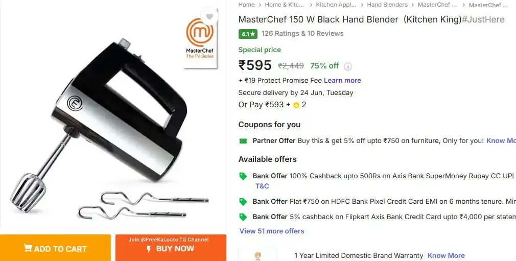 Image from OID Loot • Deals • Offers: MasterChef 150W Hand Blender @ 595.  https://fktr.in/4hToijq...