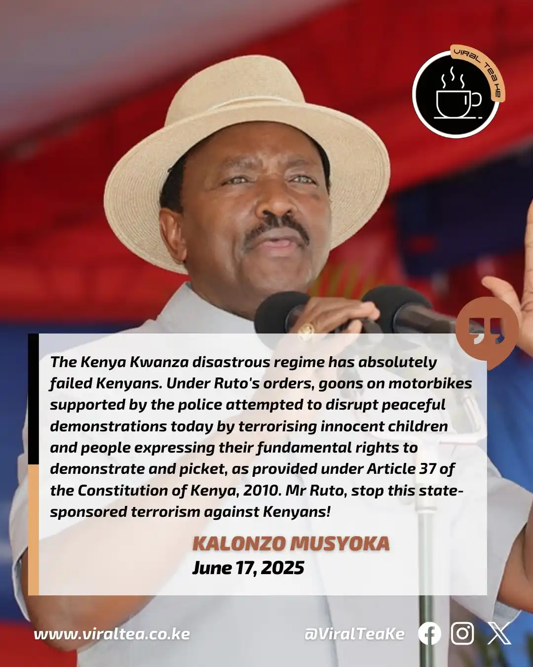 Image from Viral Tea Ke: Mr Ruto, stop this state-sponsored terrorism against Kenyans!- Kalonzo...