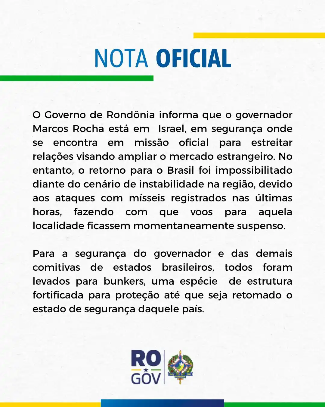Image from Governo de Rondônia: NOTA OFICIAL  O governo de Rondônia informa que o governador Marcos Ro...