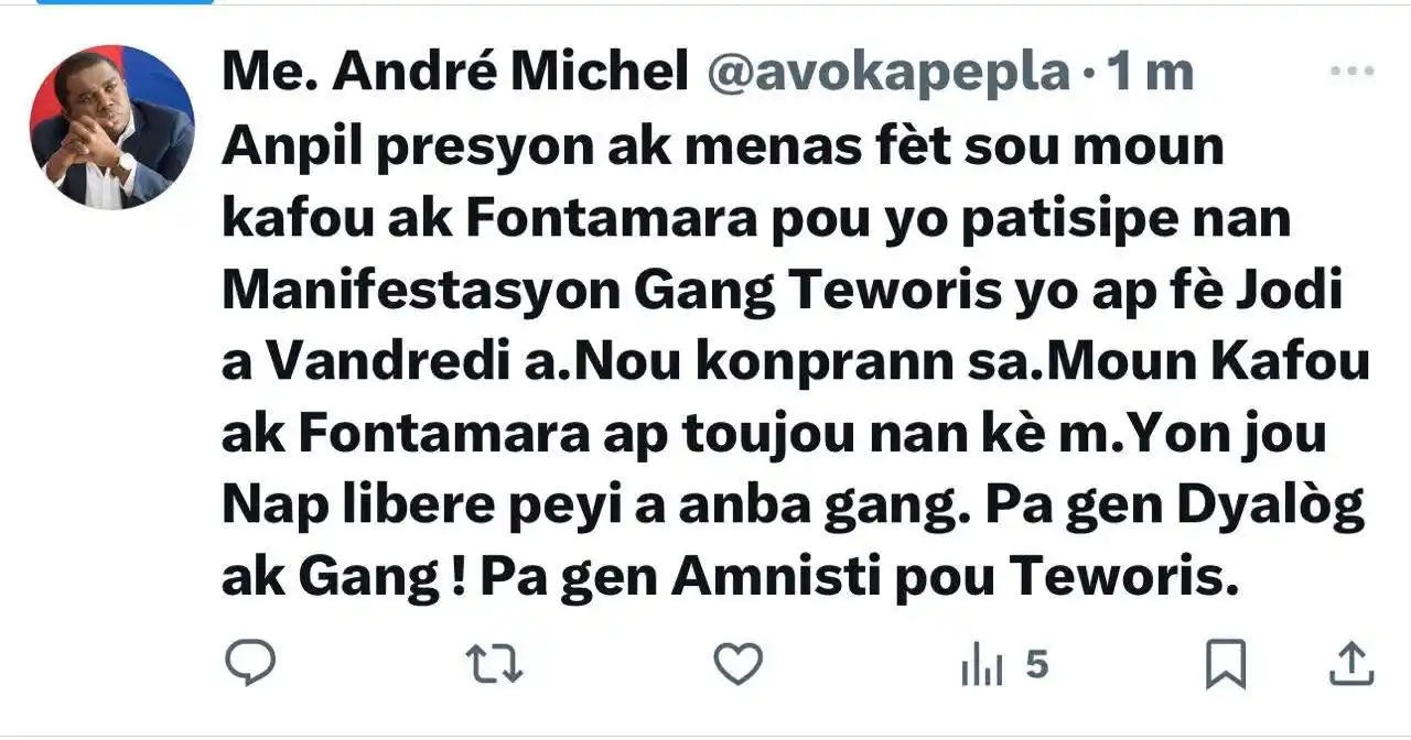 Image from Ric News🧾: Ansyen avoka pèp la, Michel André twit kont manifestasyon chèf gang Kr...
