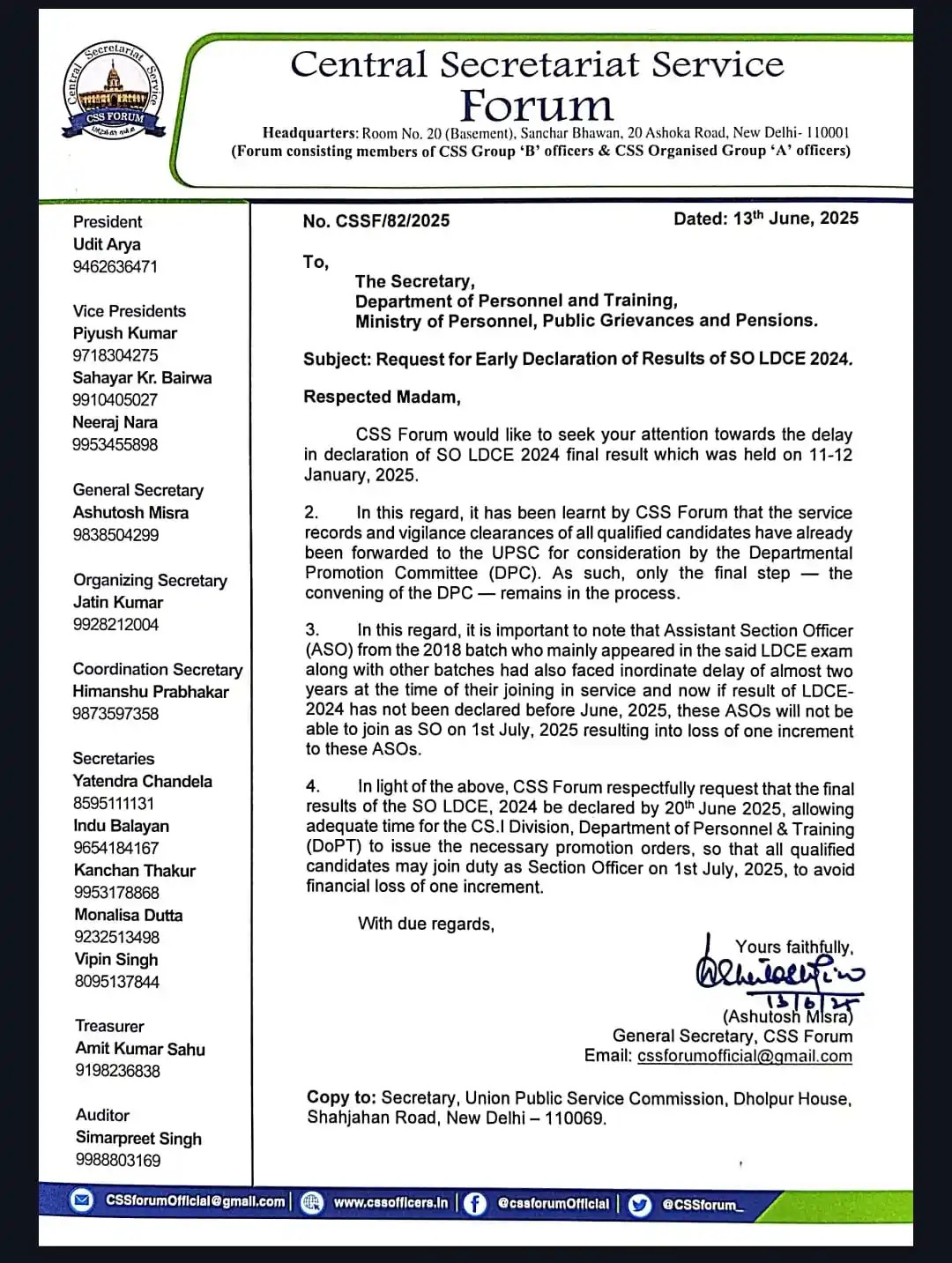 Image from 🇮🇳CSS Forum🇮🇳: CSS forum letter to DoPT on expediting result of LDCE 2024....