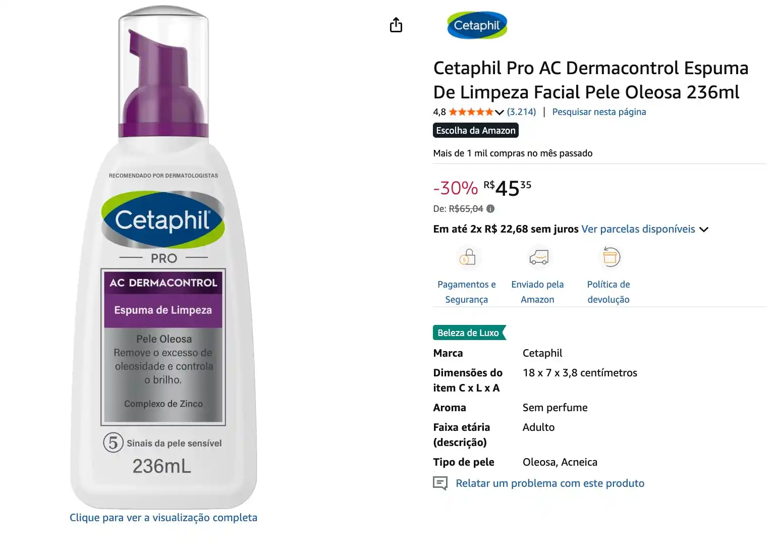 Image from Promos do Danilo: Espuma Cetaphil para pele oleosa por 45 na recorrencia: https://amzn.t...