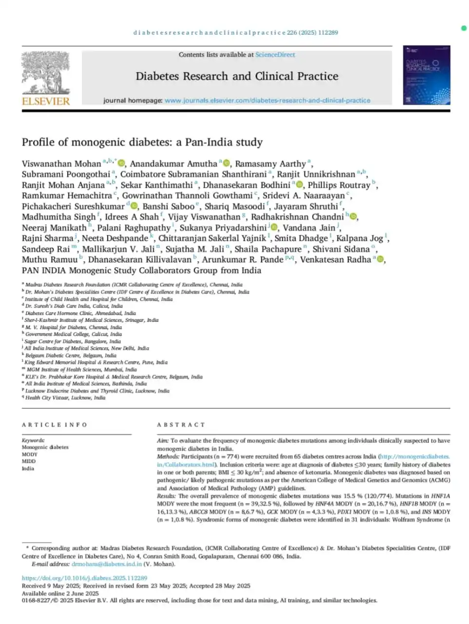 Image from Dr V Mohan: First Pan India MONOGENIC DIABETES (MODY) paper published today. Thank...
