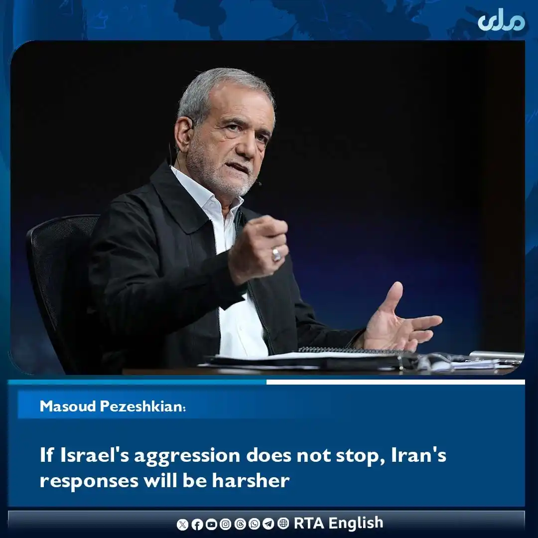 Image from RTA English: Iranian President Masoud Pezeshkian wrote on his X-Page that the only ...