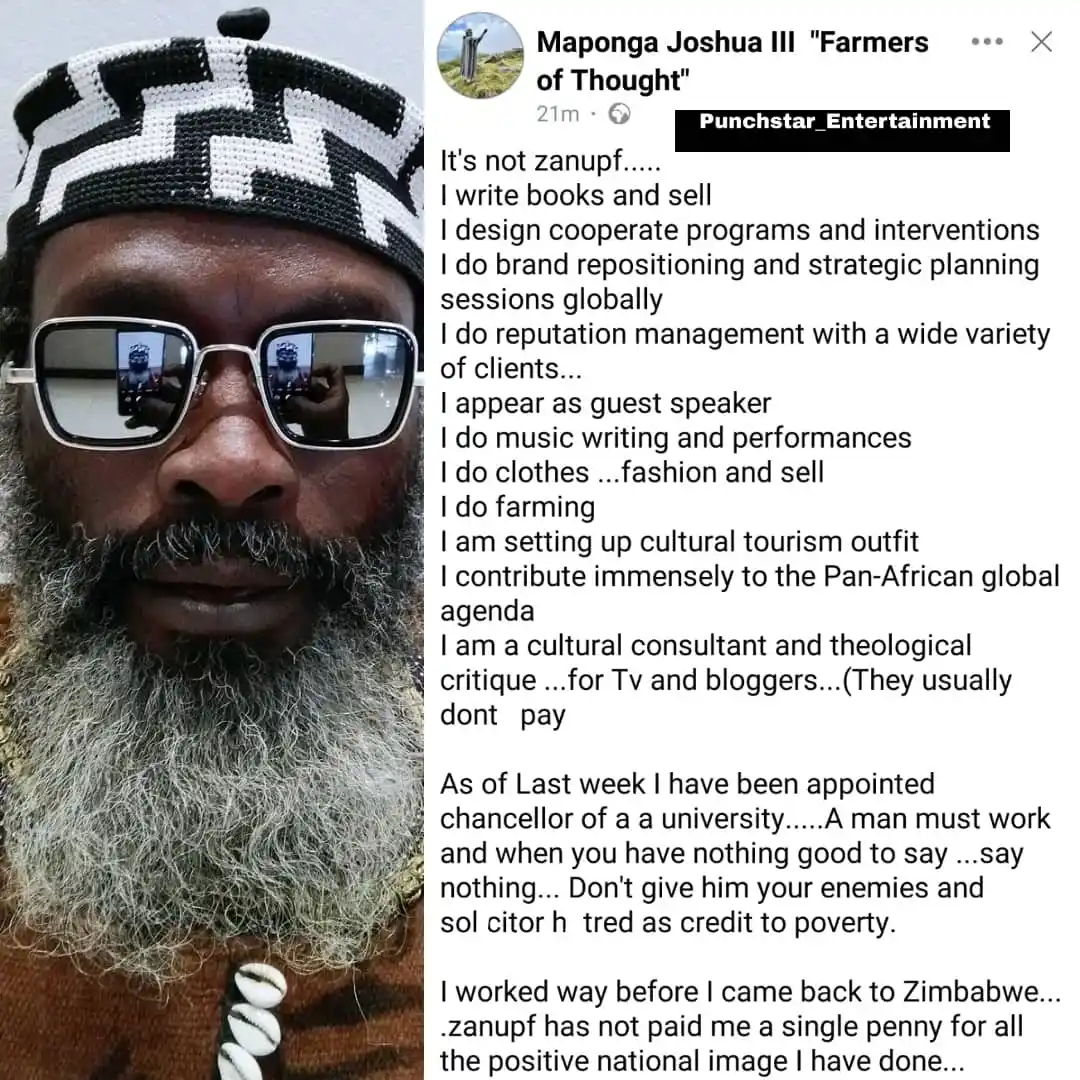 Image from Punchstar Entertainment Media: NEWS>>>>>Zimbabwean Philosopher Joshua Maponga says he earns a living ...